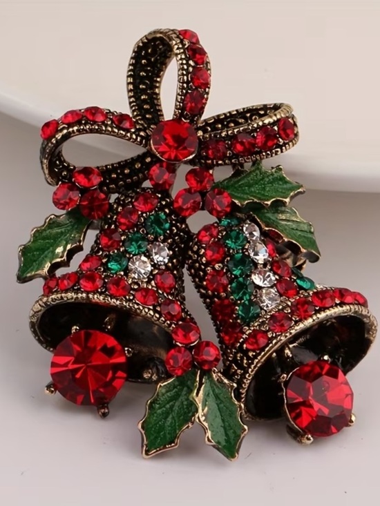 Jewelry - Festive Red and Green Crystal Bell Brooch gold tone - Women's Jewelry